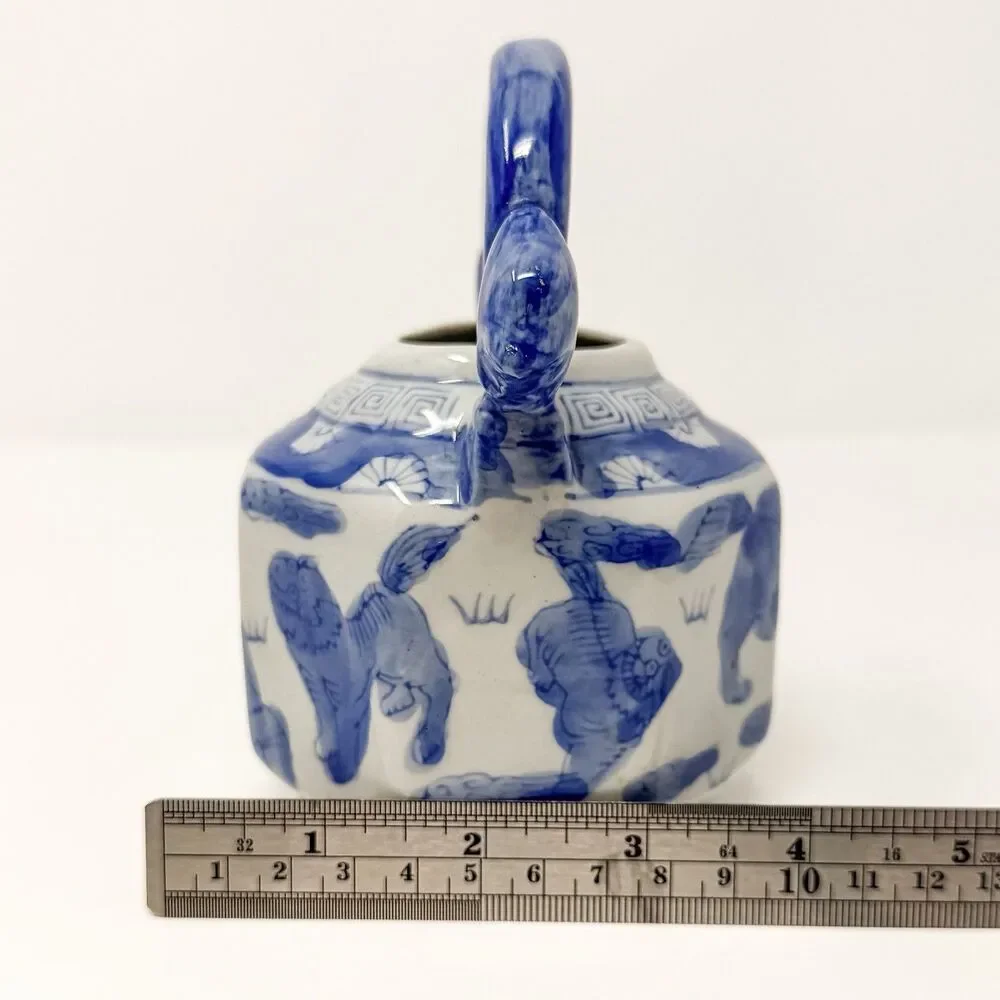 Blue White Foo Dog Porcelain Teapot Vase Chinese Guardian Lion Decor Planter